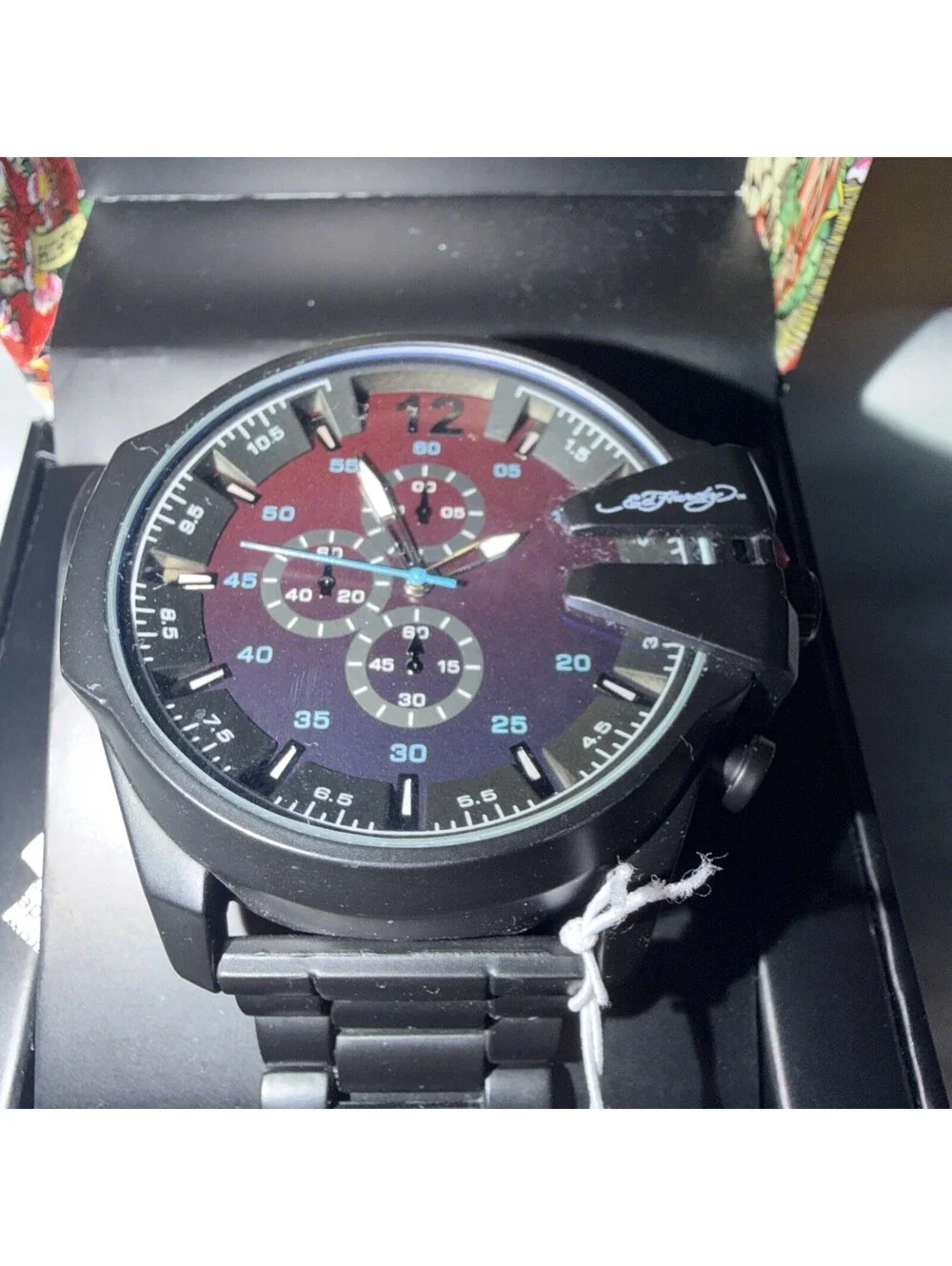 Ed Hardy Mens Chronograph Black Stainless Steel Bracelet Watch NWP
